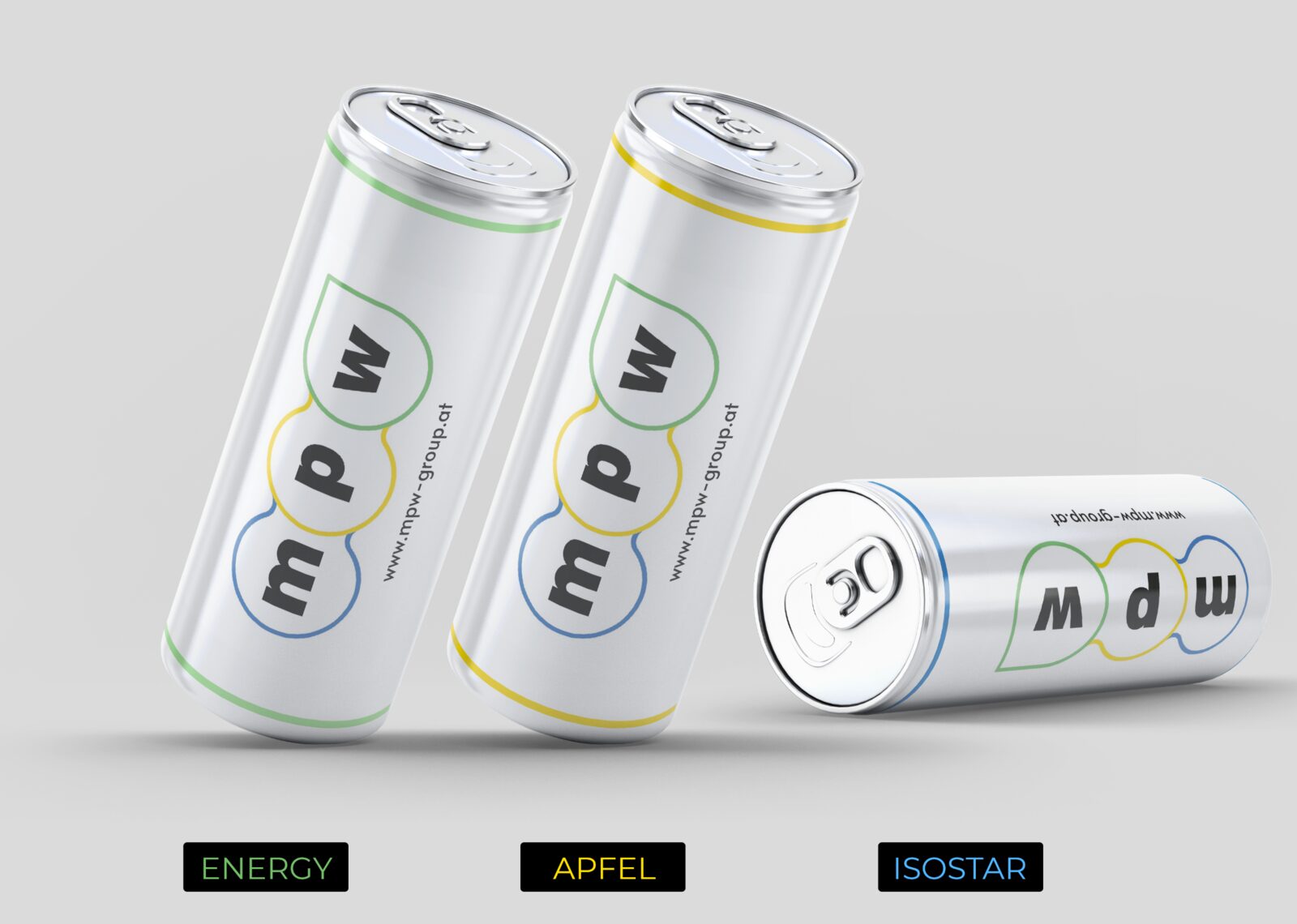Lattine di succo di mela, energy drink e Isostar nella veste grafica MPW