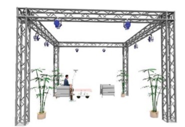 Disegno dello stand fieristico MPW con la struttura in traliccio e l’illuminazione